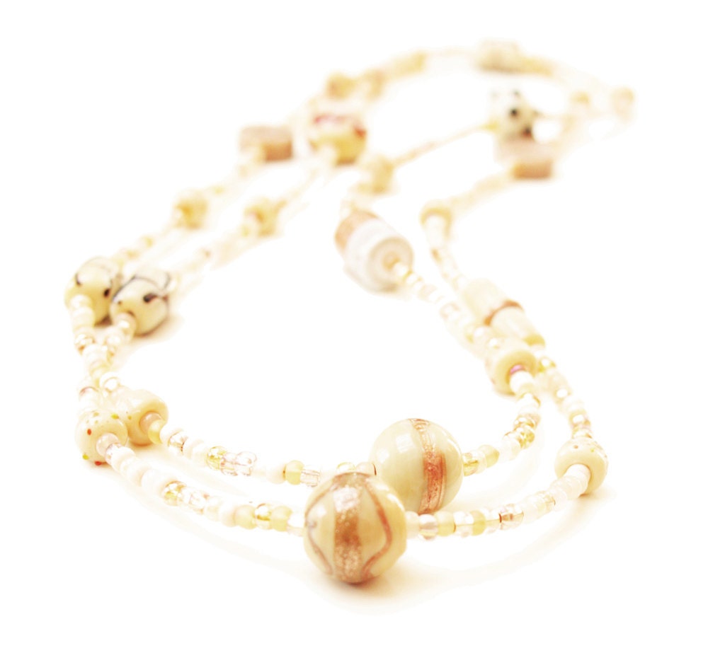 Murano glass long necklace. Gold sand and caramel necklace with artisanal glass, silver plated clasp. Venice Jewelry.