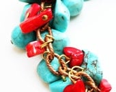 Turquoise and coral cluster bracelet with Italian horn charms. Italian gemstone bracelet.