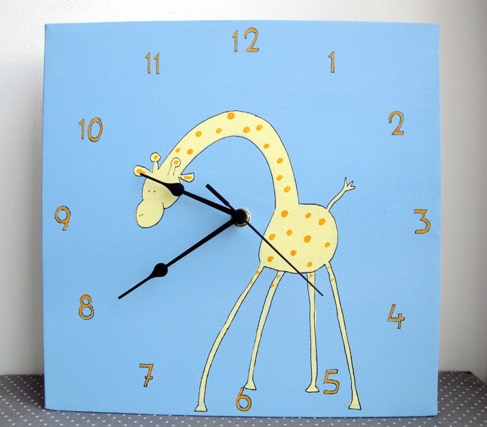 Children's Wall clock- Yellow giraffe - blue and orange clock for nursery/ kids room/ kitchen clock - Hand painted on canvas