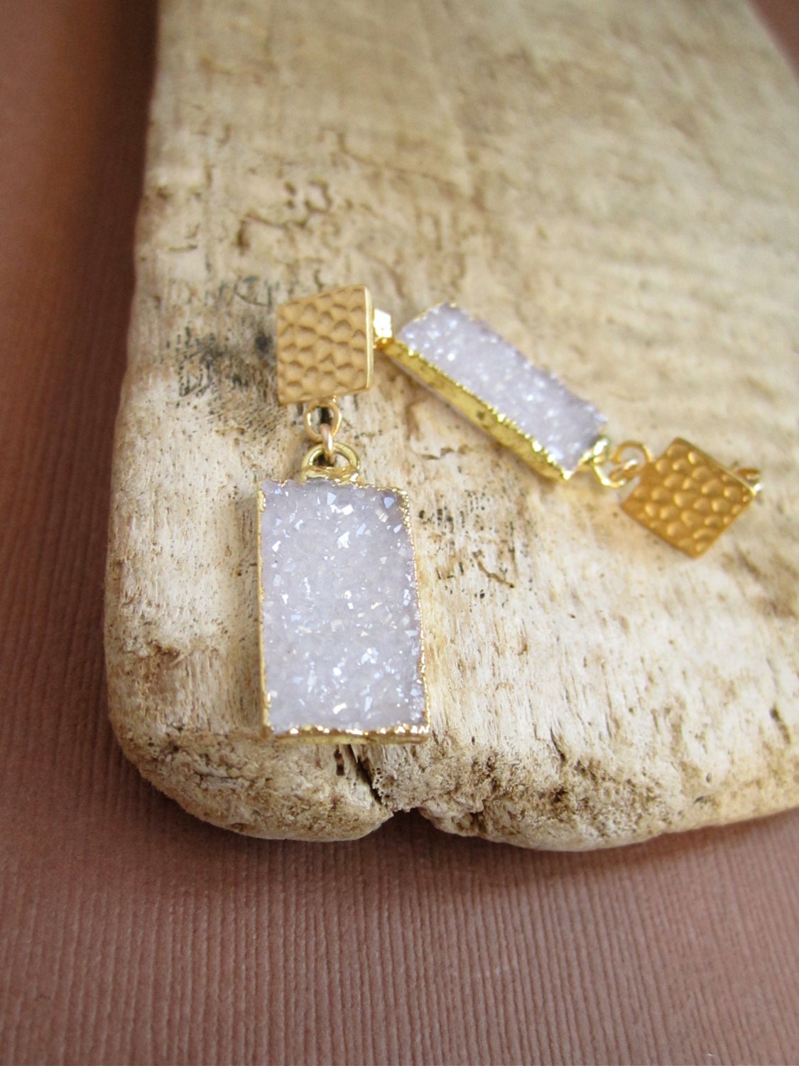 White Druzy Earrings Drusy Quartz Gold Vermeil Hammered Posts