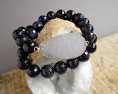Agate Druzy Bracelet Drusy Quartz Blue Sandstone Beaded Stretch