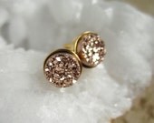 NEW Tiny Rose Gold Druzy Earrings Titanium Drusy Quartz Studs Gold Vermeil Bezel Set