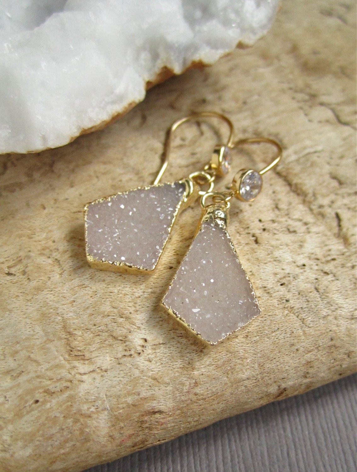 Sand Druzy Earrings Drusy Quartz Clear Crystal CZ Drops 14K Gold Fill