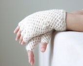 Cream Crochet fingerless gloves, crocheted mittens for women