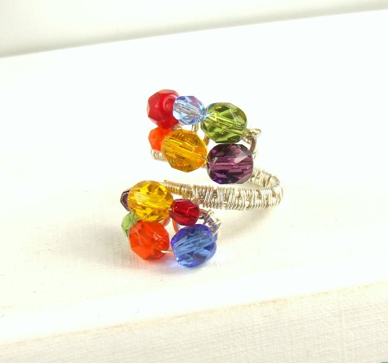 Rainbow ring, silver plated ring, multicolor ring, handmade adjustable jewelry