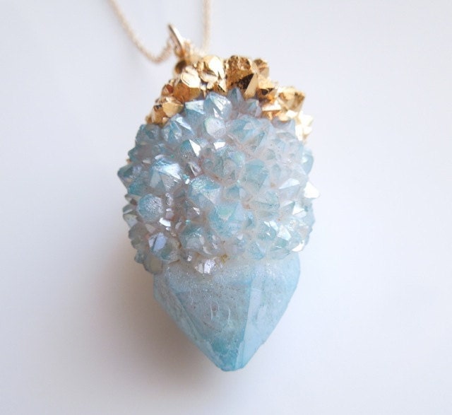 Aqua Aura Necklace, Spirit Quartz Necklace, Cactus Quartz, Druzy : Aqua Blue, OOAK