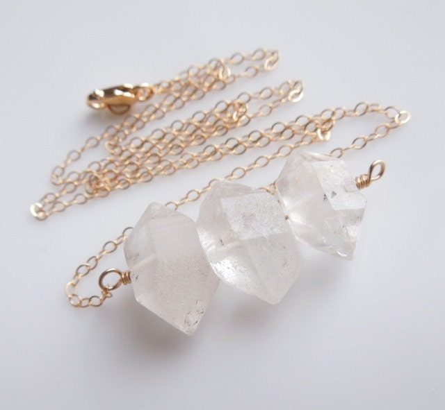 Herkimer Diamond Quartz Necklace in Gold, 3 Stone