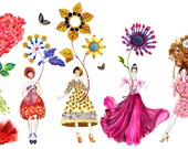 Flower Mood-Girls holding flowers- Watercolor Fashion illustration
