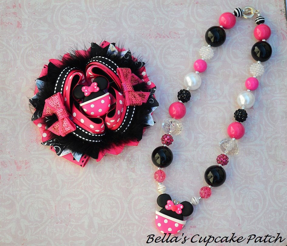 Minnie mouse Hair Bow and Necklace set, Pink and black Necklace and bow set, Minnie, Disney, Birthday