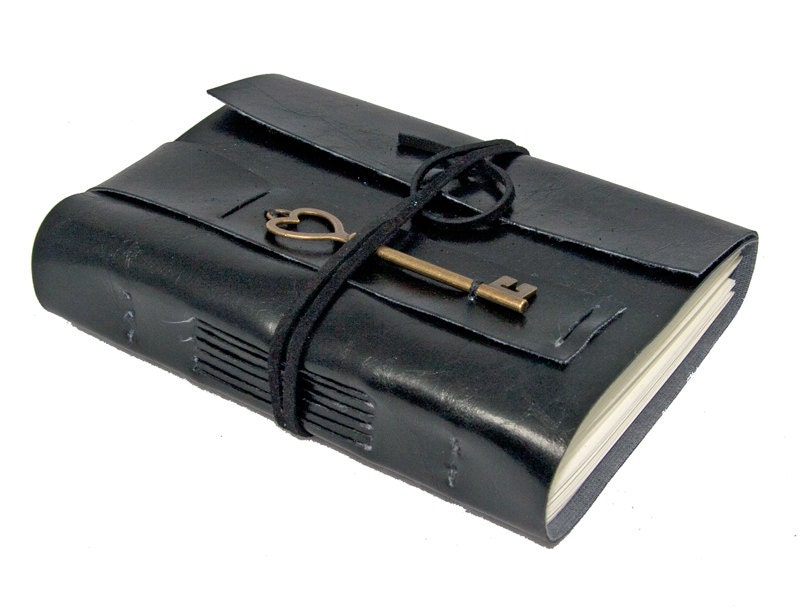 Black Vegan Faux Leather Journal with Heart Key Bookmark