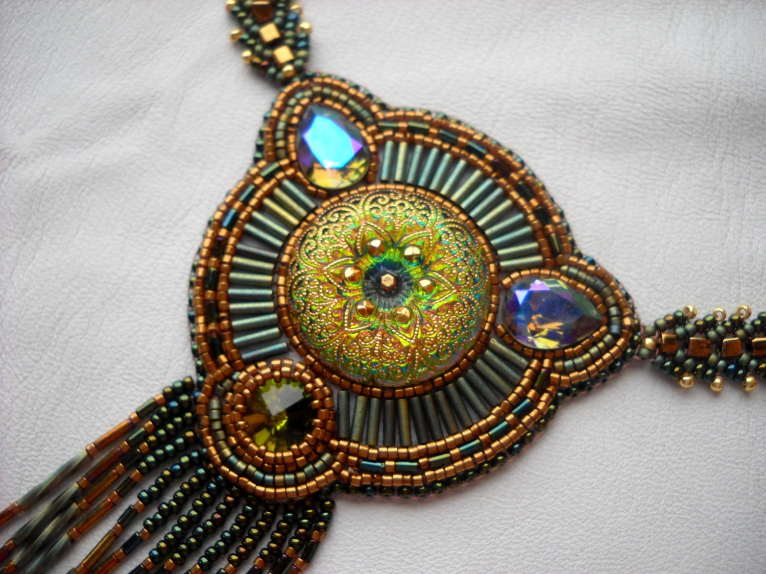 Bead Embroidery necklace green gold olive - Bead Embroidered