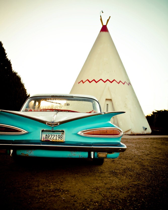 Wigwam Motel Art - Route 66 Holbrook Arizona - Vintage Tee Pee Motel - Chevrolet Impala - Road Trip Wall Decor - 16X20 Fine Art Photograph