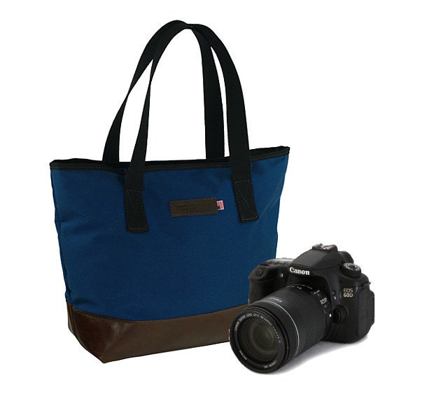 New Tote Camera Bag 19" in  Slate Blue and Italian Caramel - Tuscan Travel Leather Camera Tote Bag - Handmade in the U.S.A.
