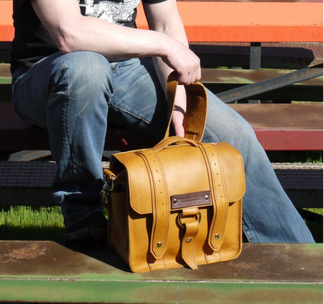 SALE NEW Small Leather Camera bag  - Sunrise Color Voyager Style - Handmade in the U.S.A. - 10"