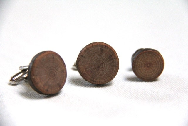 3 pc cuff link and tie tack set - ONE SET of natural wood accessories made from BEECH