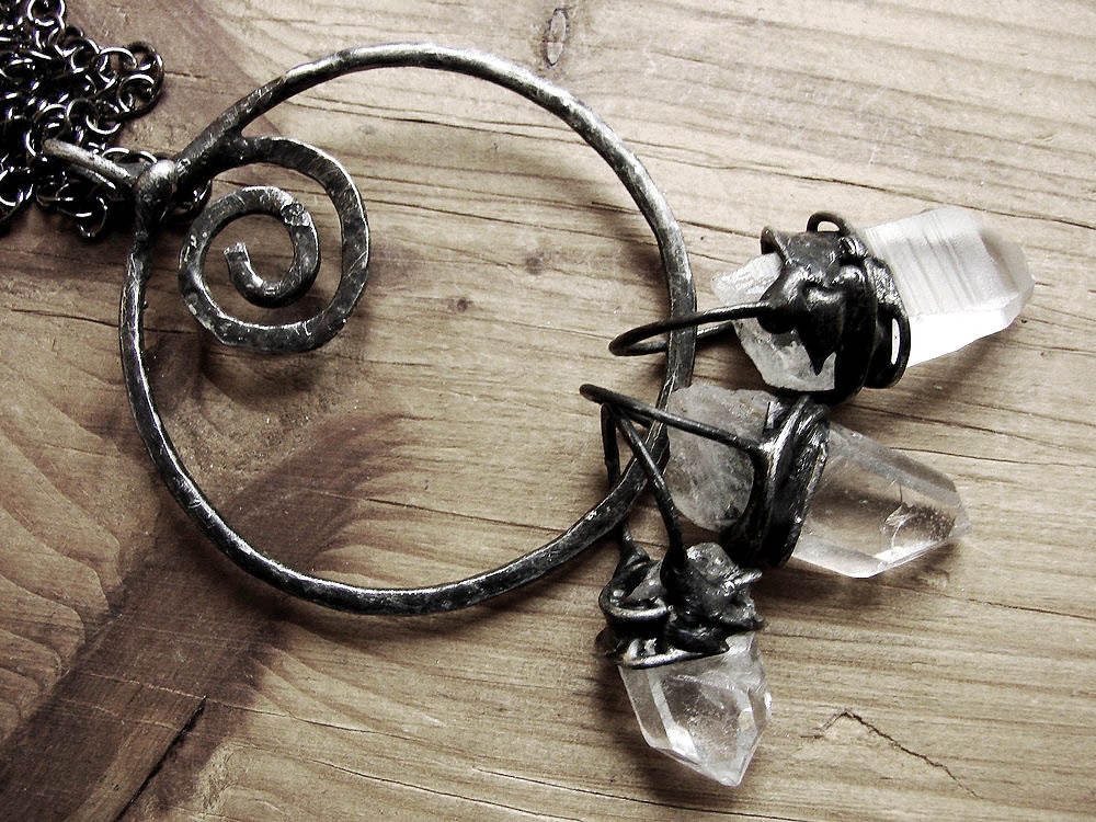 RAW Crystal Pendant Huge clearest brazilian ice Quartz pendant necklace tiffany stained glass technique Oxidized to old silver By WERSETKA
