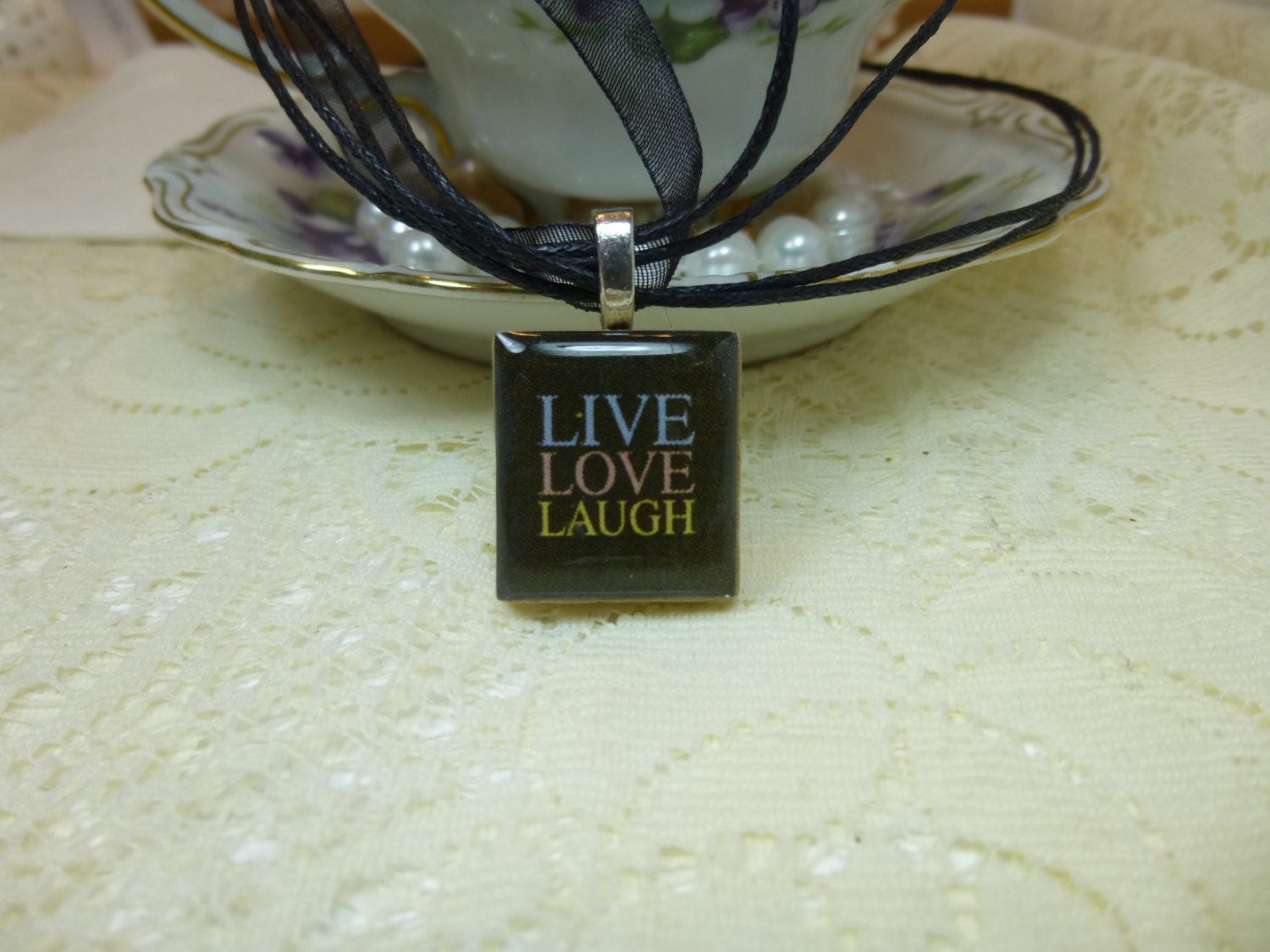 Black Live Laugh Love Scrabble Tile Necklace on Ribbon or Ball Chain