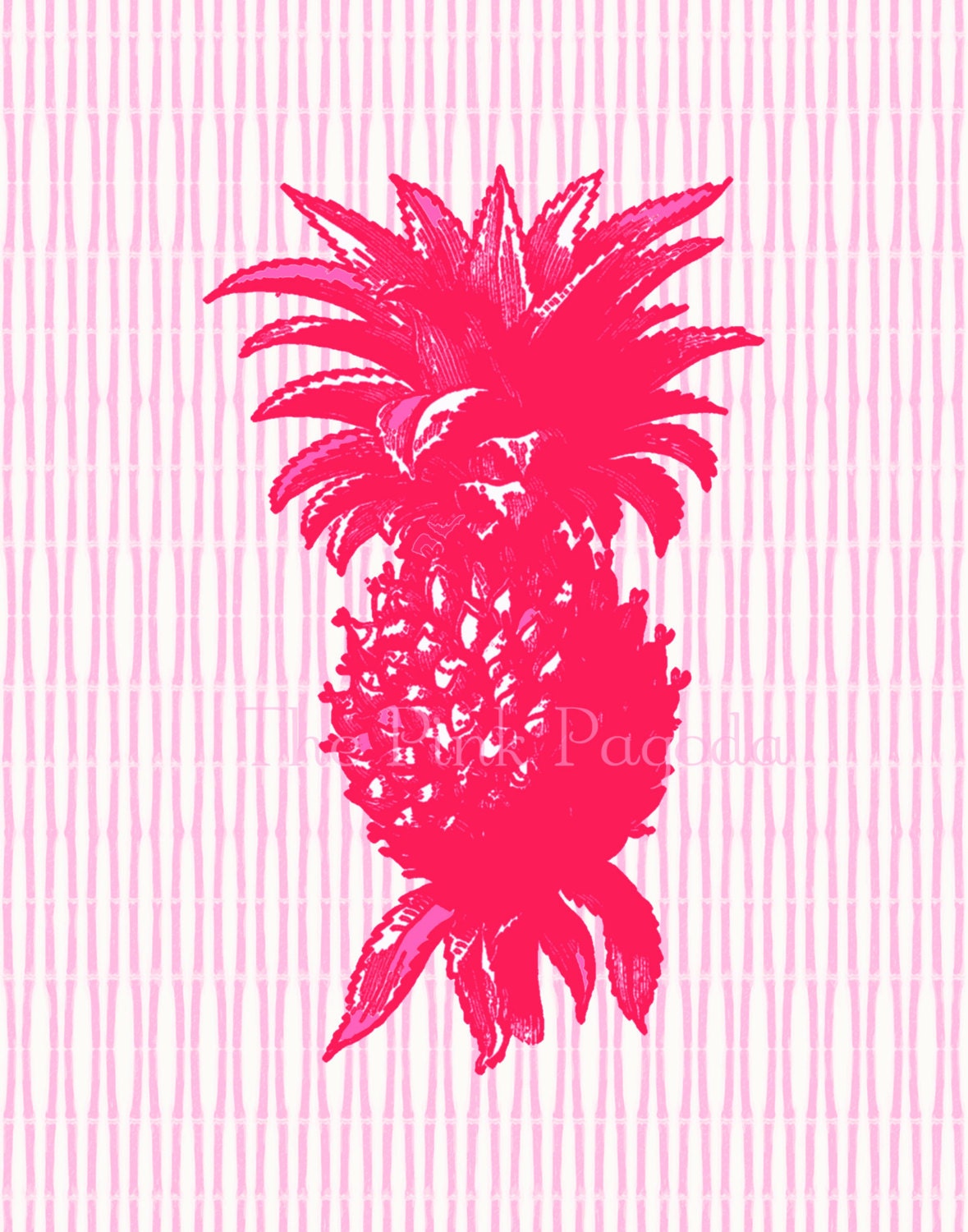 Red and Pink Pineapple on Pink Bamboo Stripe Giclee 11x14