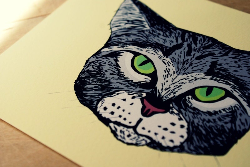 Green Eyed Cat 5x7 Archival Quality Print Based on Pen/Digital Illustration