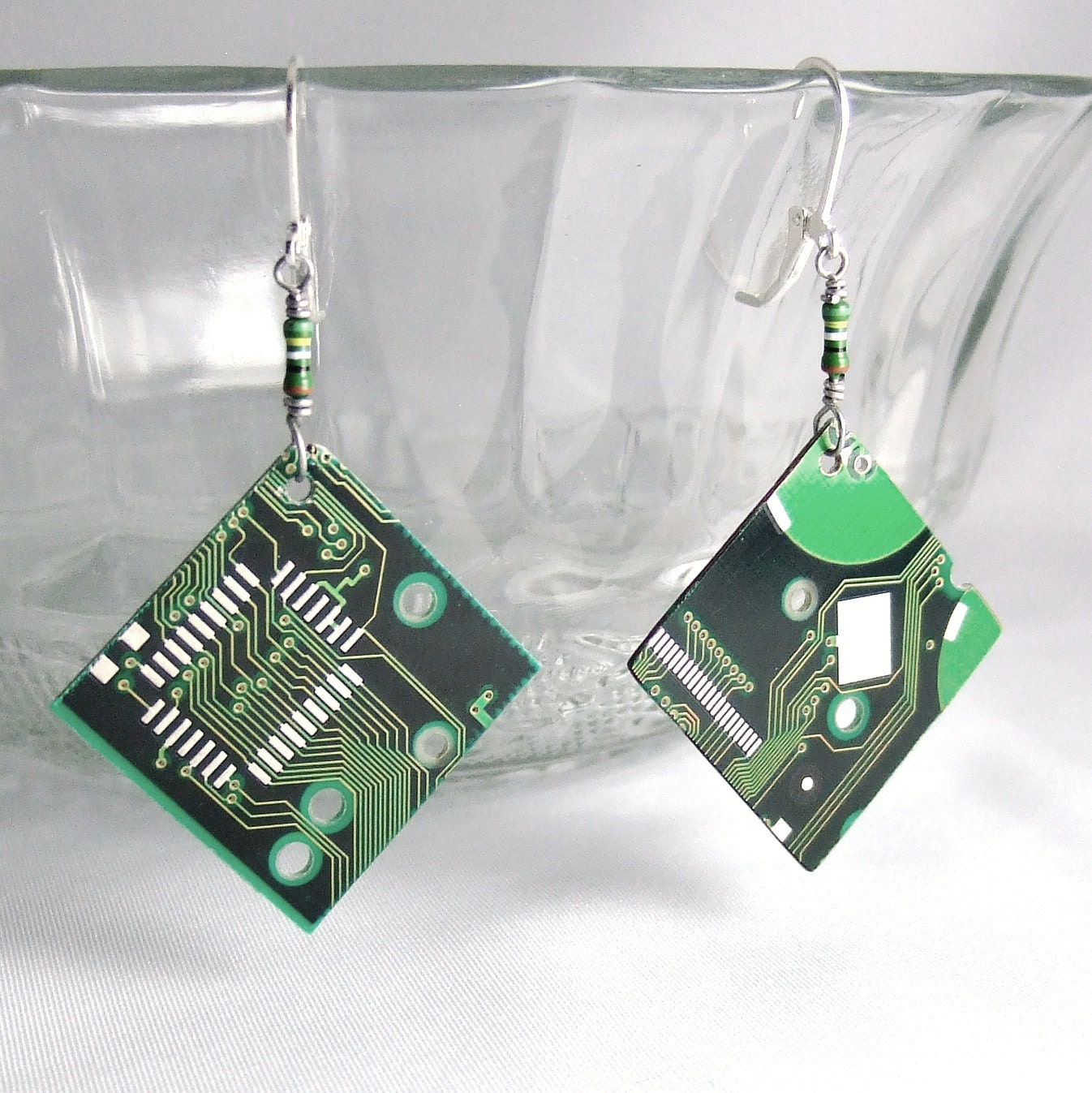 Circuit Board Earrings -- Green, Diamond