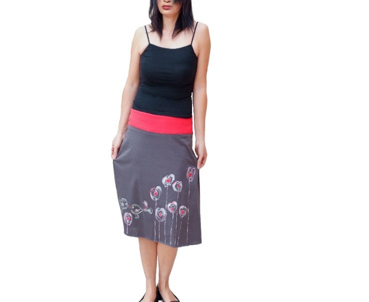 Cute Bird hearts flower skirts/Women handpainted bottoms/Gray, black,red dresses/ gift ideas