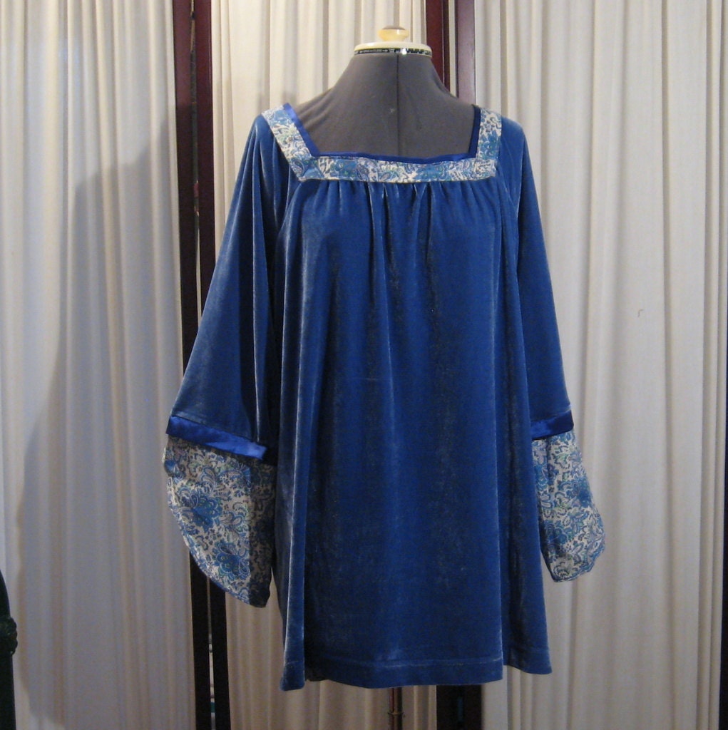 Reconstructed Recycled EcoFriendly Ladies' Plus Size 16 W Fantastic Blue Velour Tunic with Ethnic Indian Blue Paisley Boho