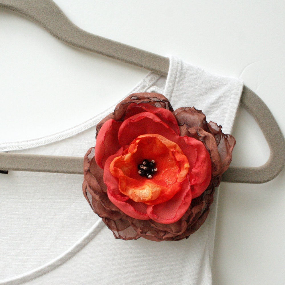 Satin Silk Wedding Hair Clip and Brooch Accessory with Coral Orange and Brown for Modern Brides, Mother in Law Accessories, or Bridesmaids