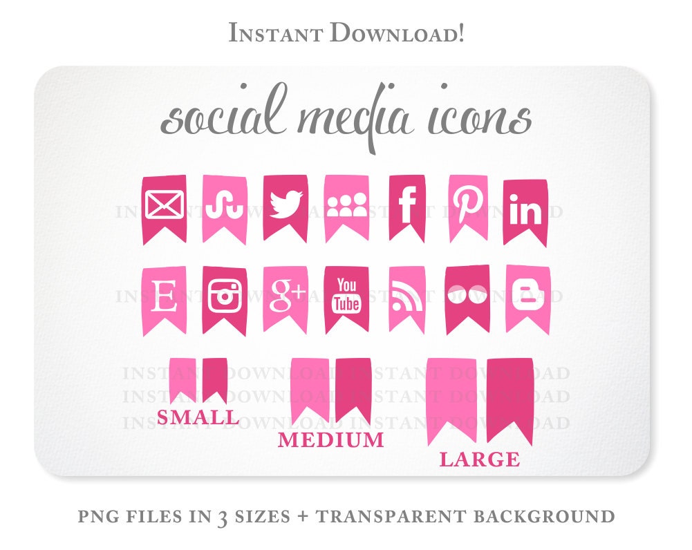 Bright Pink Social Media Icons Set for your Blog or Website - Facebook, Twitter, Pinterest, and many more - Instant Download