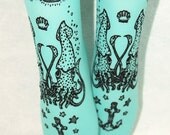 Narwhal Printed Tattoo Tights Pastel Semi Opaque Small Medium Black on Light Pastel Blue Womens