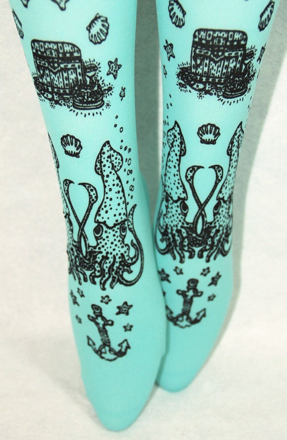 Narwhal Printed Tattoo Tights Pastel Semi Opaque Small Medium Black on Light Pastel Blue Womens
