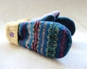 Felted Wool Mittens TEAL & YELLOW Fair Isle Sweater Wool Mittens, Fleece Lined by WormeWoole