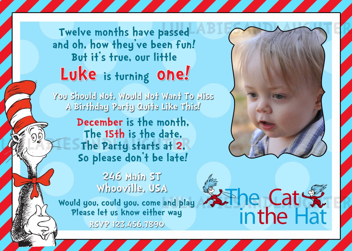 Dr. Suess Birthday Invitation / Dr Seuss Invitation / Dr Seuss Birthday / Cat in the Hat / Thing one Thing two Digital File 5x7