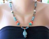 Turquoise Statement Necklace, Beadwork Necklace, Southwest Jewelry, Gemstone Necklace, Pendant Necklace, Birthday Gift, Summer Trends