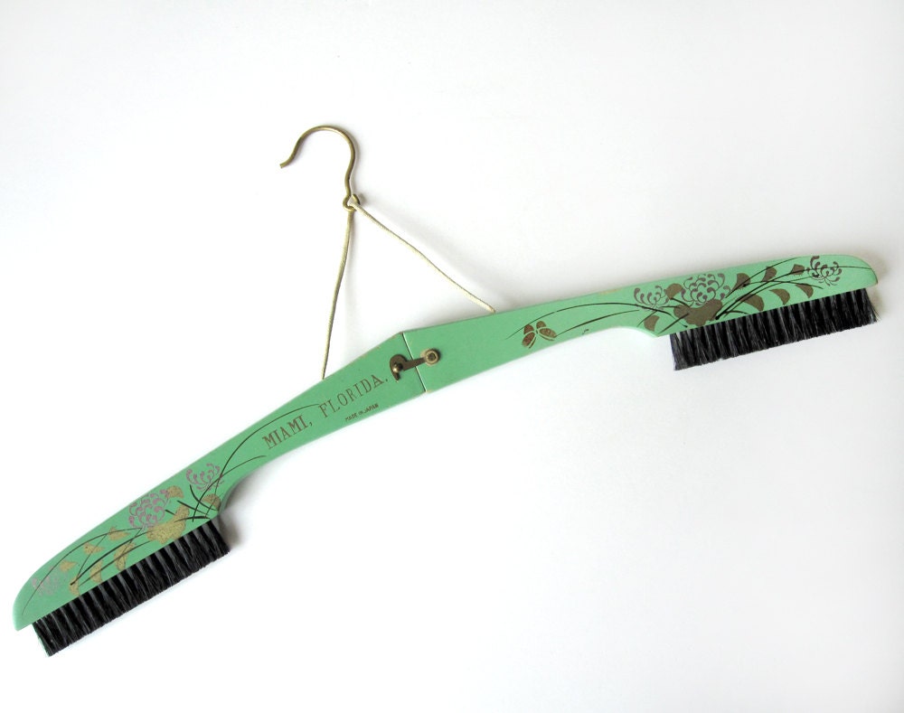 Vintage folding clothes hanger and brush, souvenir of Miami Florida, travel, Japan, mint green, gold, black, wood, chrysanthemums, butterfly
