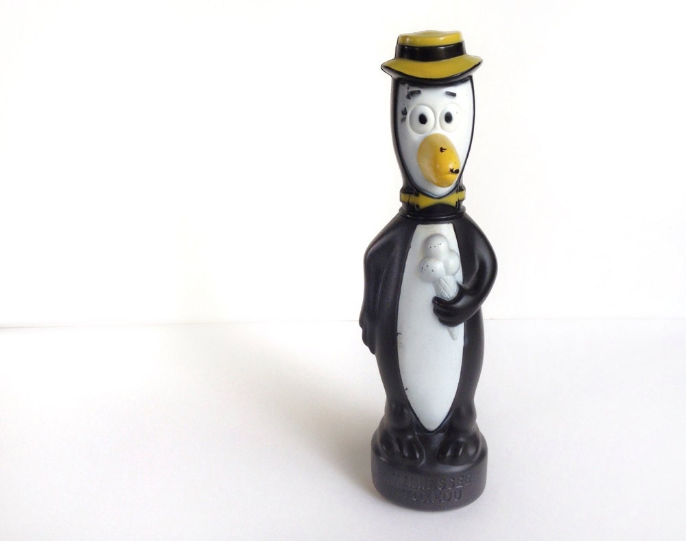 Tennessee Tuxedo Soaky bubble bath plastic toy bottle, TV cartoon character penguin, vintage 1960s, Colgate Palmolive