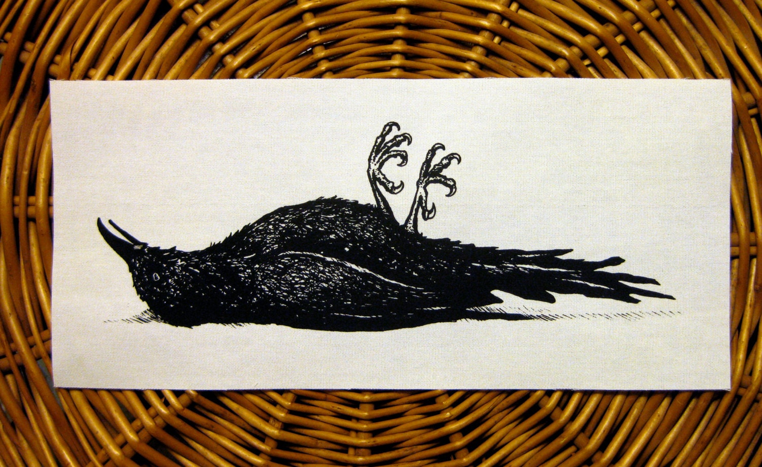 Dead Crow handmade screen printed patch, black on natural