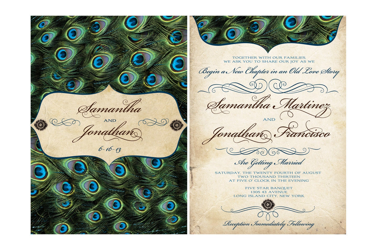 New, Vintage, Peacock Feathers Wedding Invitation Set / Antique
