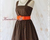Jazzie ll - Classy Vintage Design Tea Dress Brown With Orange Polka Dot All Over Double Orange Stripes Party Tea Time Dress Medium Size