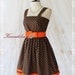 Jazzie ll - Classy Vintage Design Tea Dress Brown With Orange Polka Dot All Over Double Orange Stripes Party Tea Time Dress Medium Size