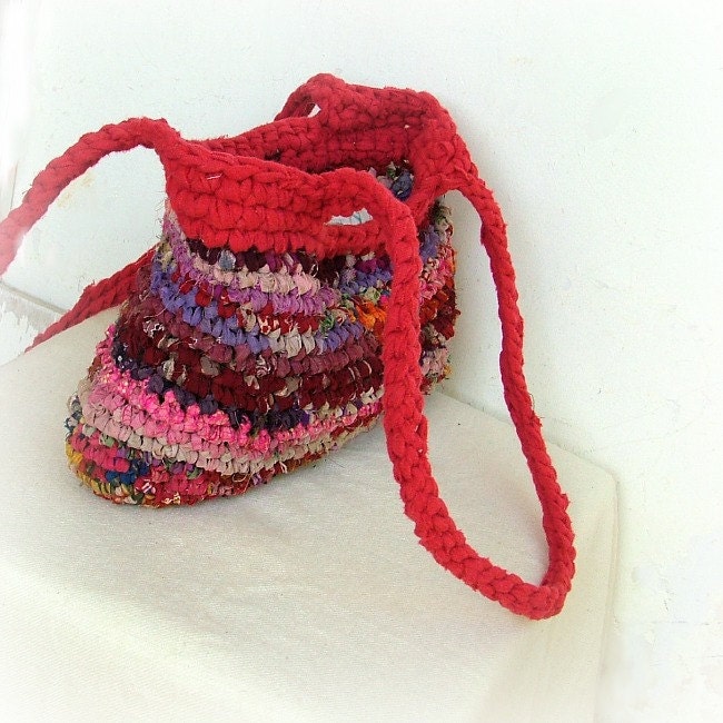 Rag bag - crochet hand bag in lovely red and purple fabric yarns - upcycled carpet
