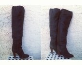 Vintage 70s 80s Zodiac Thigh Hi High Heel Black Leather Boots Size 6.5