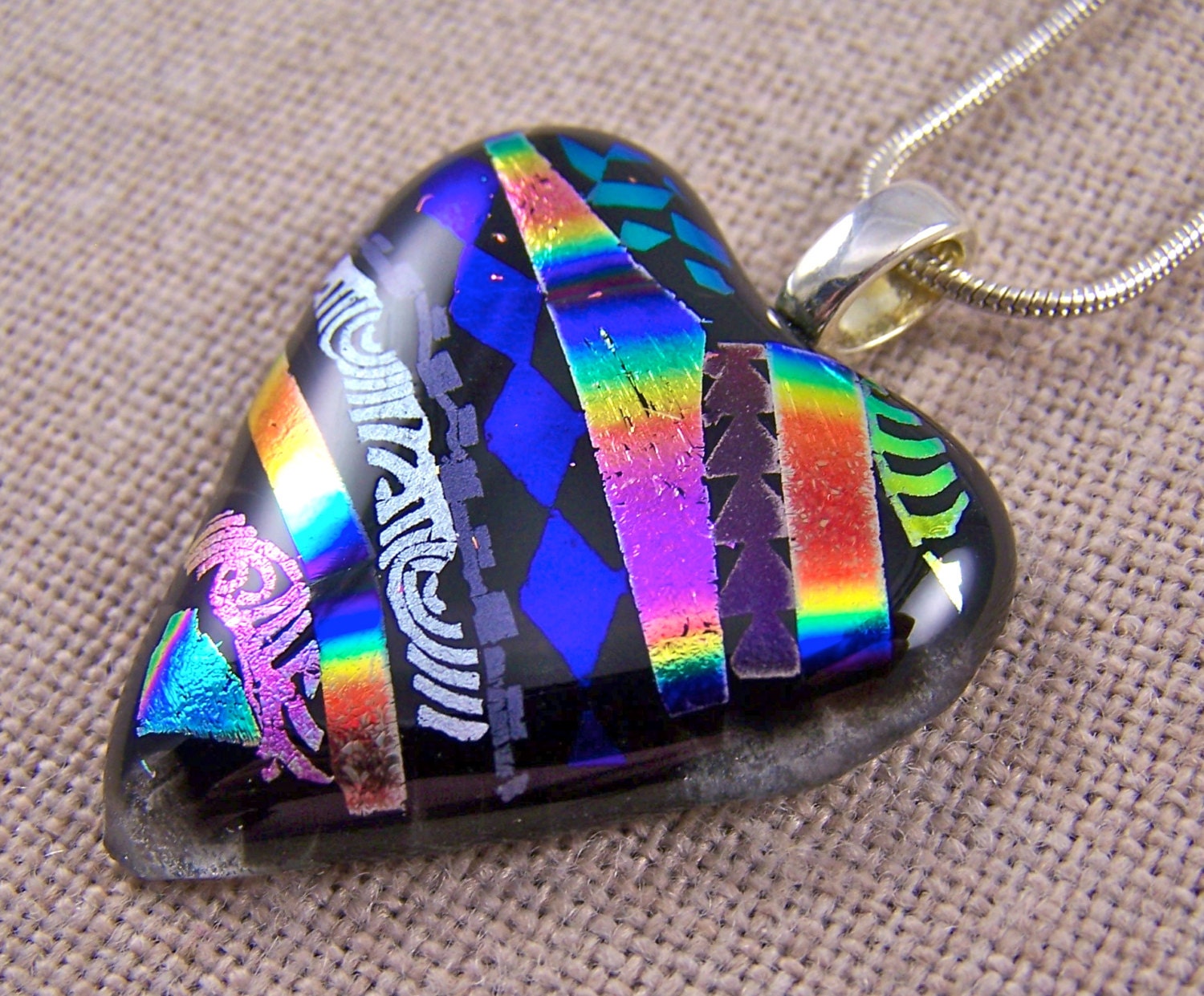 Dichroic Pendant - Shard Heart Bright Multicolored Tie Dye & Patterned Blue Purple Green Copper Fused Glass - 1.5"