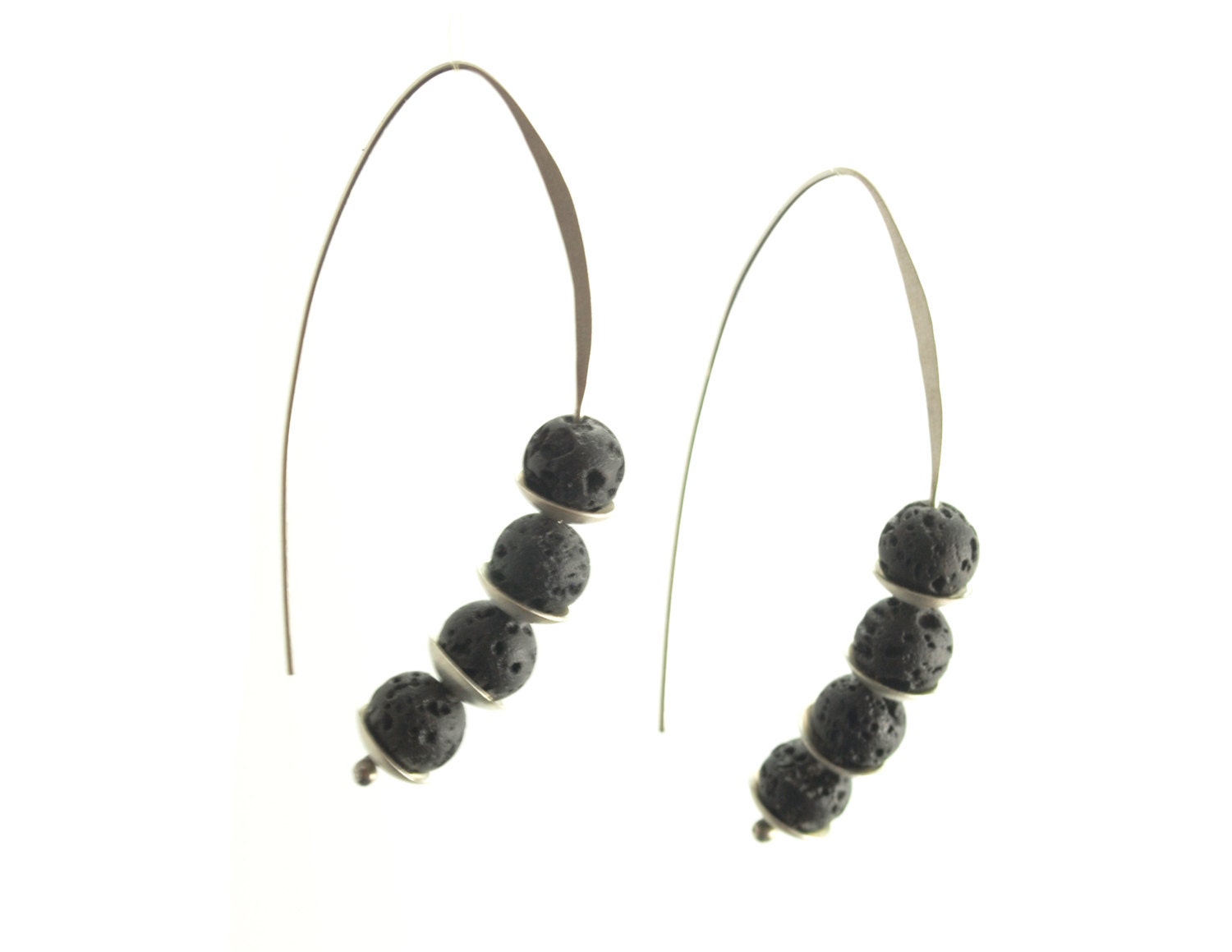 Handmade jewelry. Sterling slilver and lava stone pea pod earrings. Funky custom jewelry