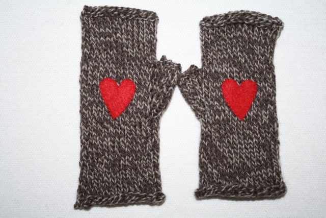 Brown and White Flecked 100% Wool Fingerless Gloves with Red Felt Heart - Size 7-12yrs. - Custom Sizes Available from 2yrs. to Adult