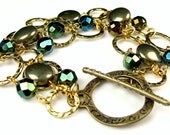 Pyrite and Antique Gold Hammered Ring Bracelet and Earring Set