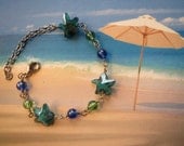 Starfish Charm Bracelet - Silver  Blue Green Glass Seastar - Beads - One Size Fits - Ready to Ship B033