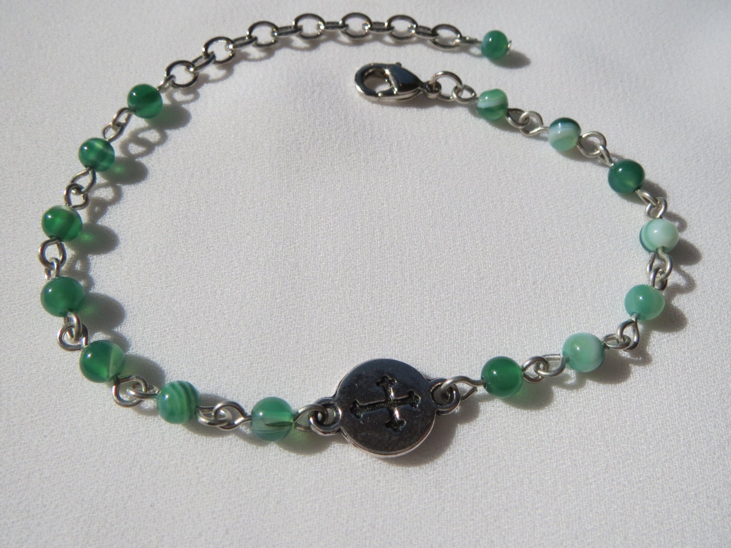 Cross Charm Bracelet - Coin Disk - Religious Jewelry - Stone Beads YOUR Choice - Agate Jasper Jade - Green Red Silver - Ready to Ship B008