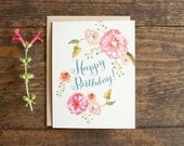 Happy Birthday beautiful blooms card with hand painted flowers