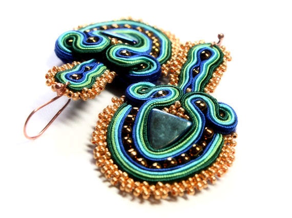golden peacock -  soutache earrings  free shipping
