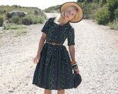VTG 1950s 50s Black/Gray/Green Geometric Print Button-Up Dress M